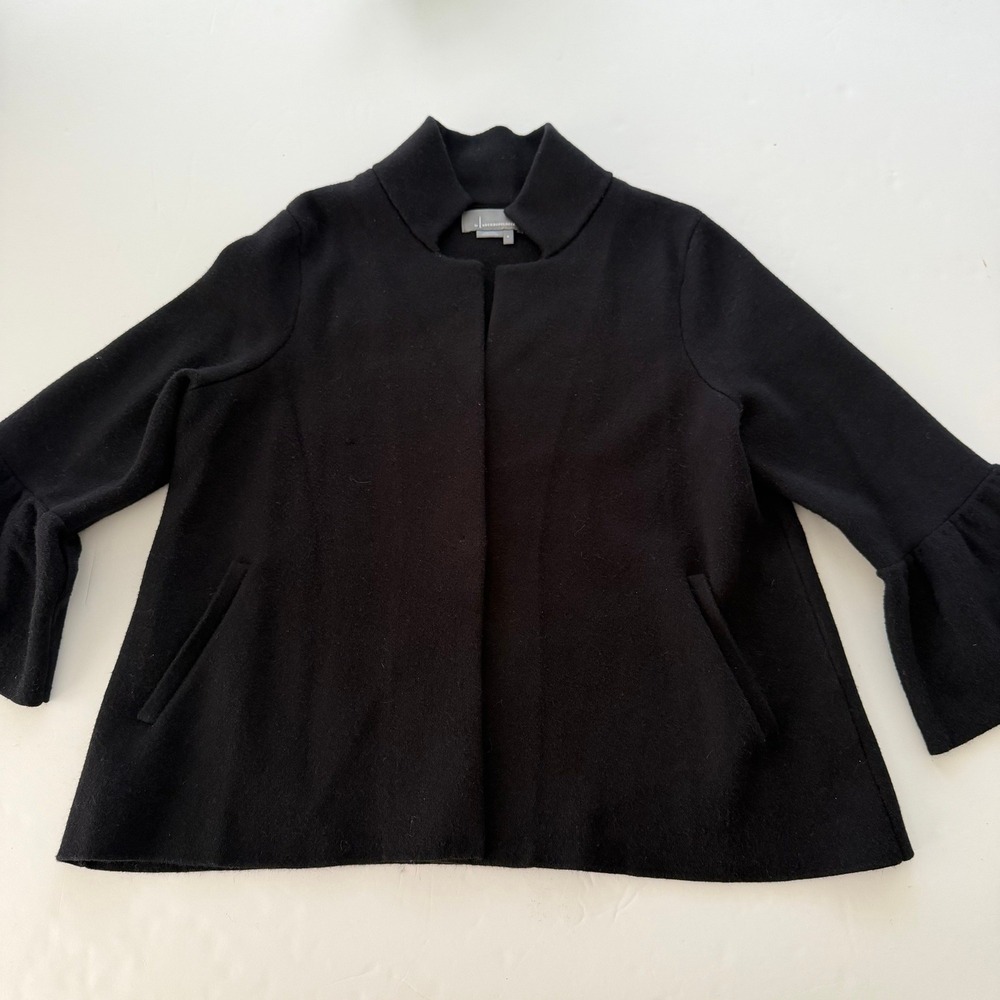 Anthropologie Black Open Front Knit Jacket Bell Sleeve Ruffle Funnel Neck M